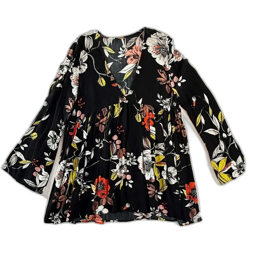 Free People | Babydoll Floral Long Sleeve Dress Tunic Top | Sz M - Picture 1 of 8